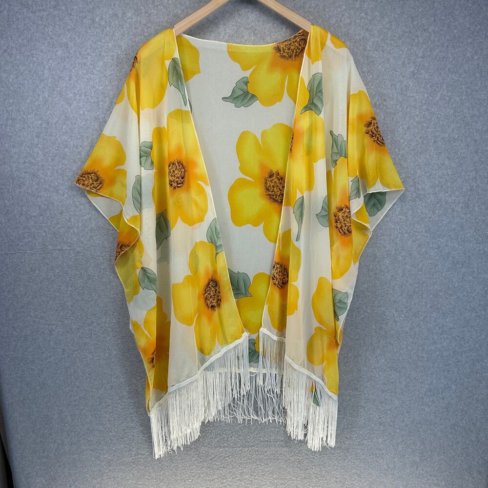 SAX Top Womens One Size Yellow Floral Polyester Short Sleeve Wrap Fringe Sheer